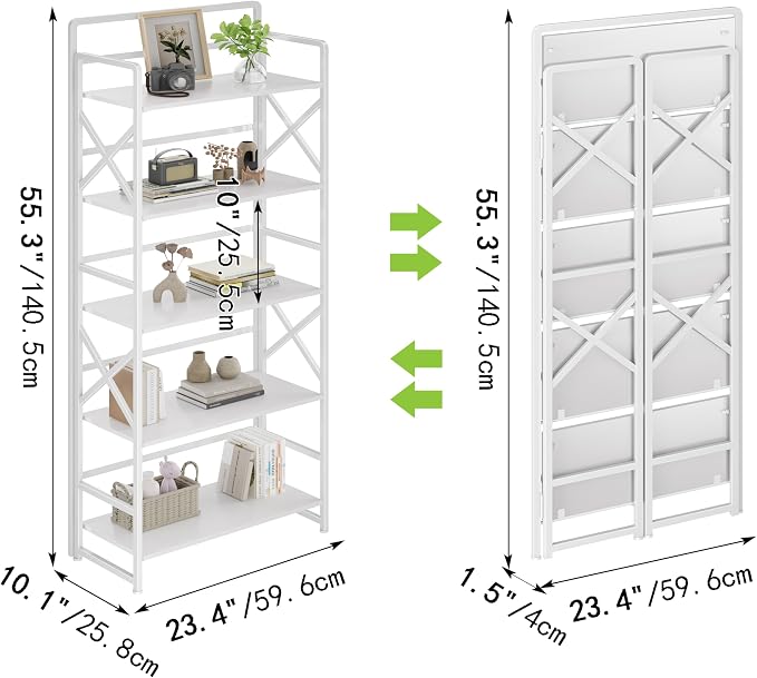 No Assembly Folding Bookshelf, 5 Tiers Vintage Wood Collapsible Book Shelf - Image 3