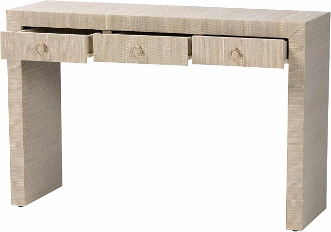 bali & pari Cielo Bohemian Woven Natural Grasscloth 3-Drawer Console Table - Image 4