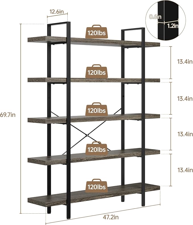 OtterOasis Bookshelf Set, Heavy Duty 5-Tier Industrial Bookcase, 120lbs Shelf - Image 2