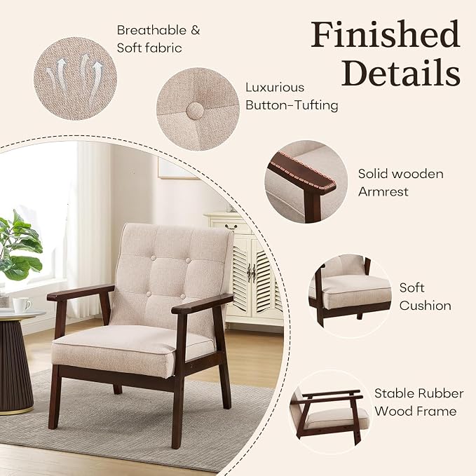 Bonzy Home Fabric Mid-Century Modern Accent Chair Set of 2, Upholstered Armchair - Image 5