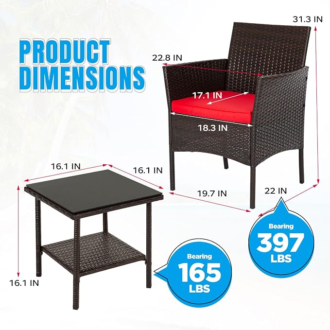 FDW | 3-Piece Patio Furniture Set | Brown & Red | Outdoor Wicker Furniture - Image 7