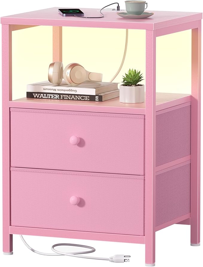 BOLUO Pink Nightstand with Charging Station, LED Night Stand with 2 Fabric by BOLUO