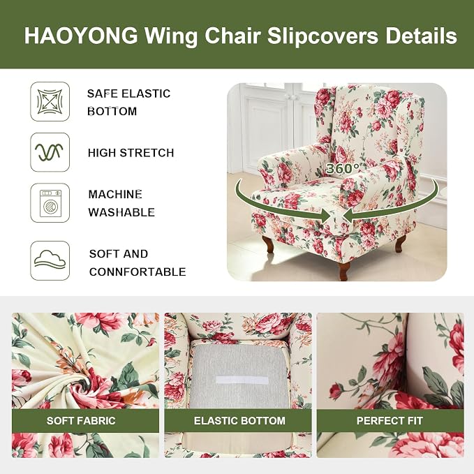 HAOYONG Wing Chair Slipcovers Stretch Wingback Chair Covers Printed 2 Pieces - Image 4