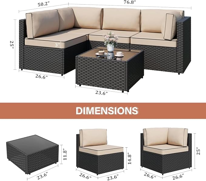 JAMFLY 5-Piece Patio Furniture Set, All-Weather Wicker Outdoor Sectional Sofa - Image 2