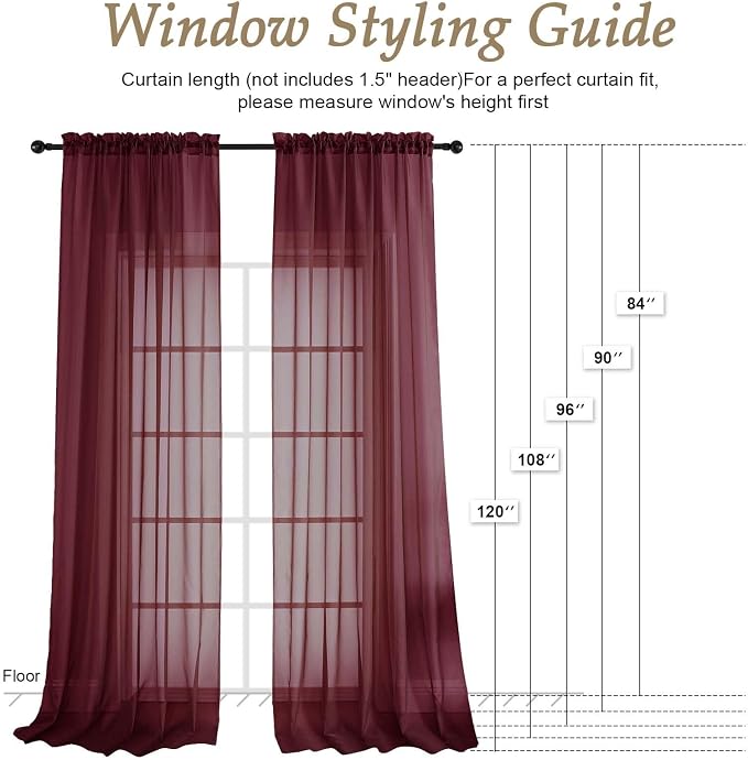 OVZME Burgundy Sheer Curtains 108 Inches Long 2 Panels Set, 59 Inch Extra Wide - Image 2