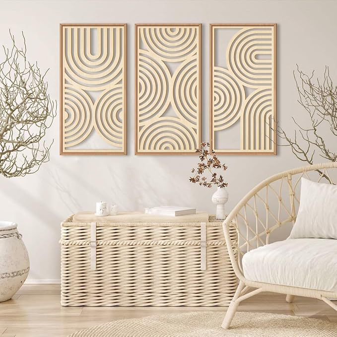 IARTTOP Large Boho Wood Wall Art Set of 3 Framed Wooden Mid-century Modern Wall - Image 7