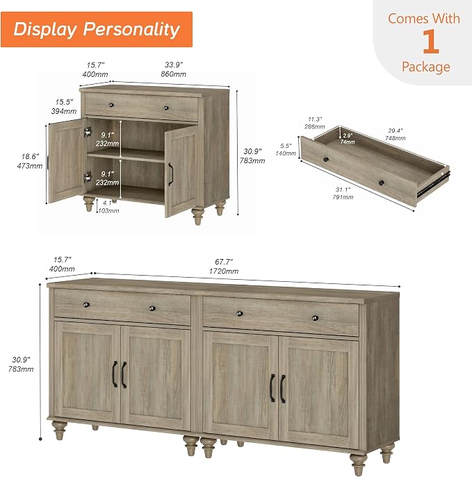 WAMAPT Buffet Cabinet with 4 Doors and 2 Drawers, Large Coffee Bar Table Wood - Image 2