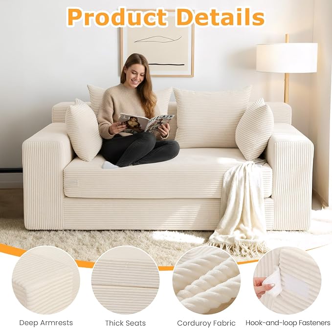 Boneless Loveseat Sleeper Sofa Bed, 3-in-1 Convertible Sofa Bed and Futon Couch - Image 6
