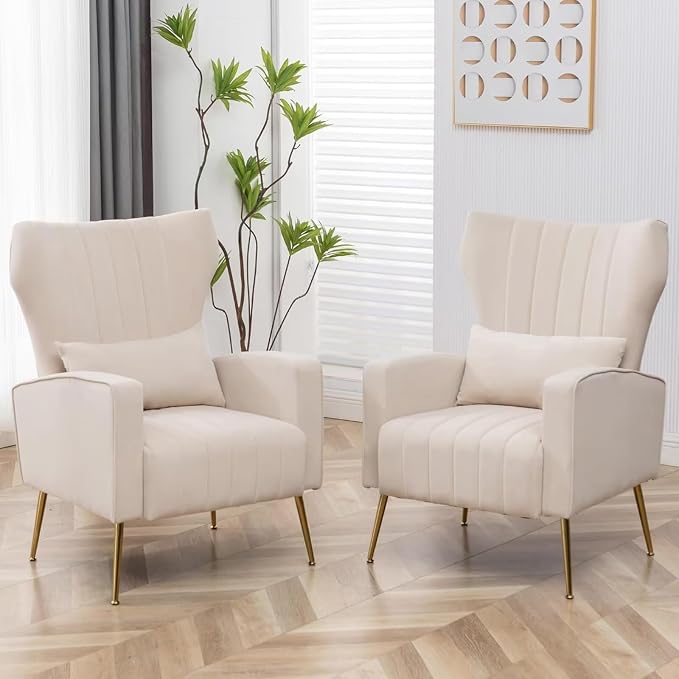 Velvet Accent Chair Set of 2, Wingback Armchair by YUUIJOAA