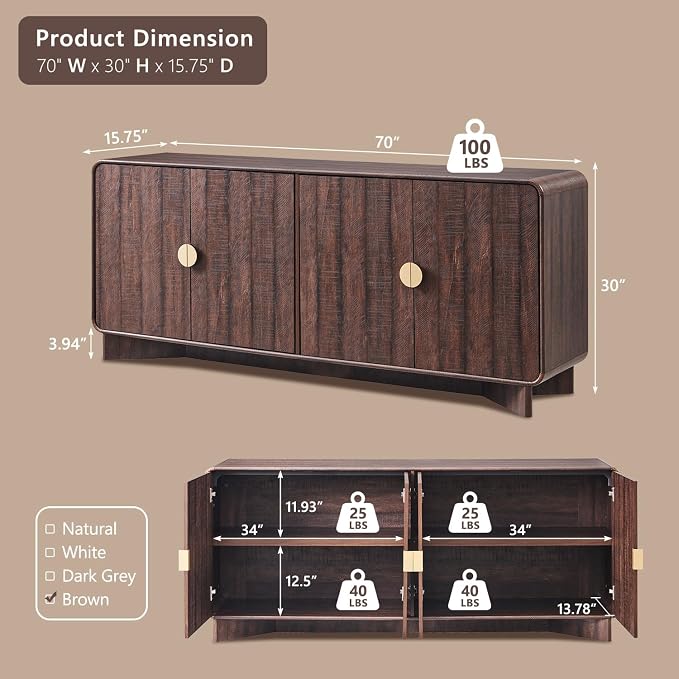 IFGET 70" Modern TV Stand for TVs Up to 80 inches, TV Console - Image 2