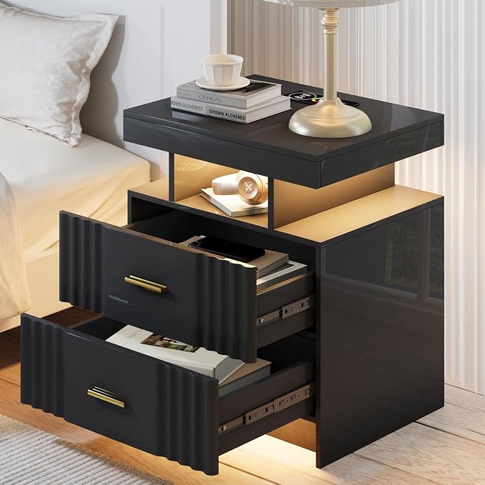 Nightstand with Wireless Charging Station, Bedroom Bedside Table with RGB Lights by MDGC