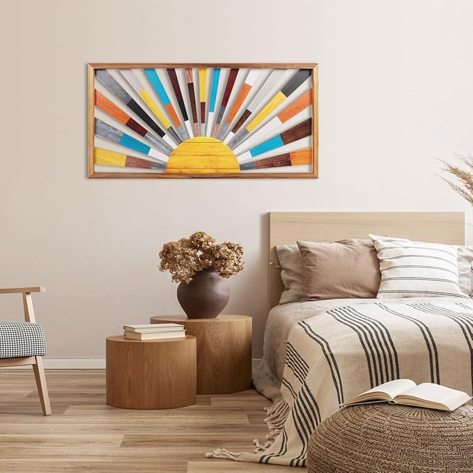 IARTTOP Large Boho Sun Wall Art Framed Wooden Art Wall Decor Rainbow Sun Rising - Image 4