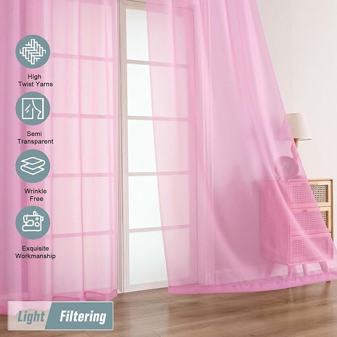 Light Pink Sheer Curtains 90 Inches Long 2 Panels, Light Filtering Solid Sheer - Image 5