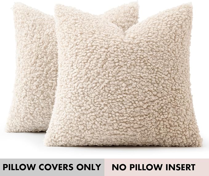 Faux Fur Throw Pillow Covers 18x18 Inch Set of 2 Boucle Neutral Decorative - Image 7