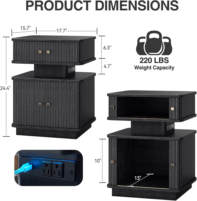 Black Nightstand with Charging Station and LED Light, Fluted Bedside Table with - Image 2