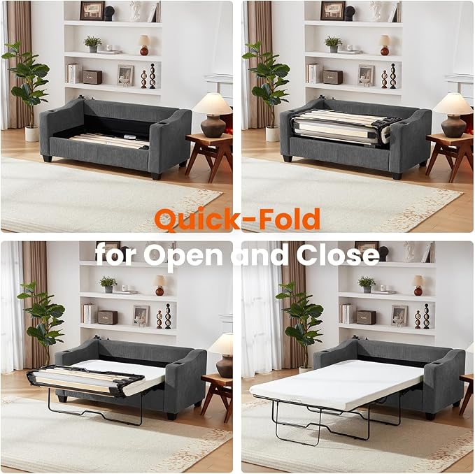 Full Size Pull Out Sleeper Sofa Bed, 2-in-1 Convertible Corduroy Pull Out Couch - Image 7