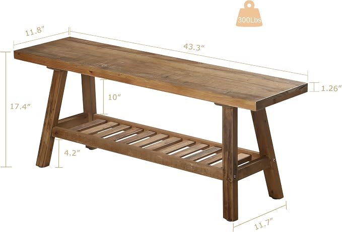 HOKYHOKY Reclaimed Solid Wood Bench-43.3" Farmhouse Entryway Bench - Image 2