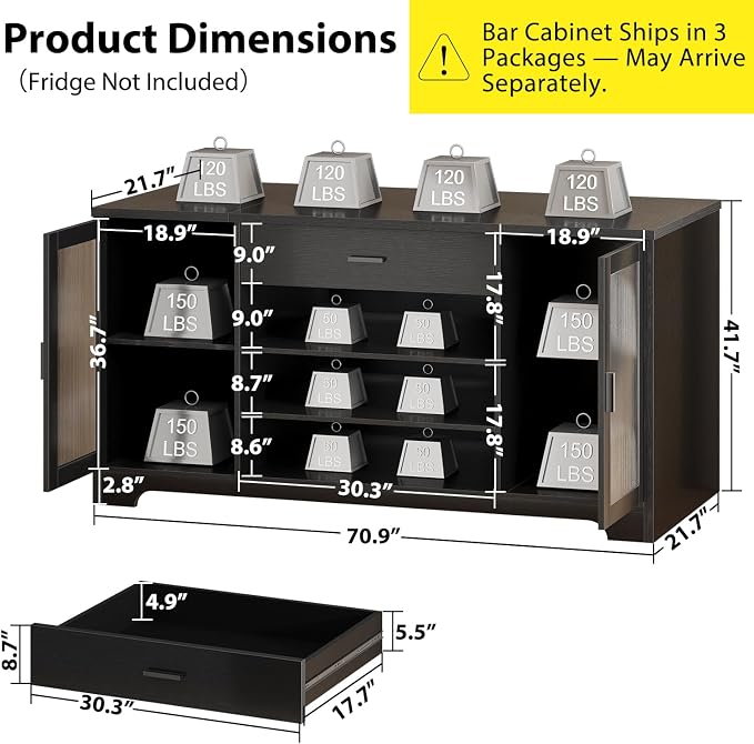 HSH Long Bar Cabinet with Fridge Space, Modern Wood Coffee Wine Liquor Cabinet - Image 2