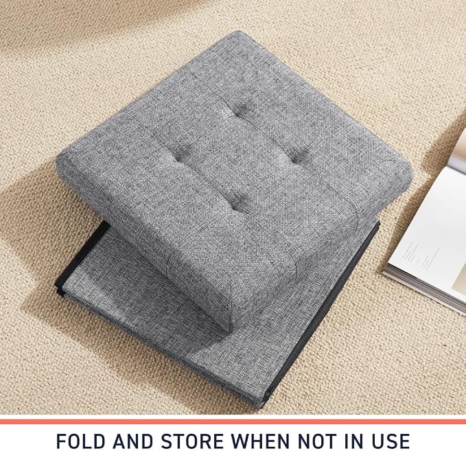 Ornavo Home 2 Pack 15 Inch Folding Storage Ottoman, Square Cube Linen Small - Image 7