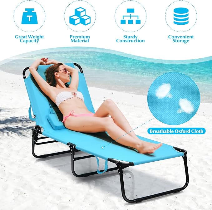 Folding Beach Lounge Chair w/ 5 Adjutable Backrest & Padded Pillow, Sunbathing - Image 4