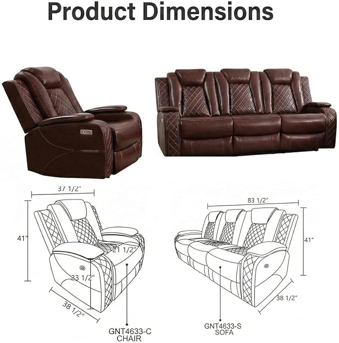 Power Recliner Sofa Set with LED Lights, 2 Manual Recliner 1 Seat and a 3 Seat - Image 2
