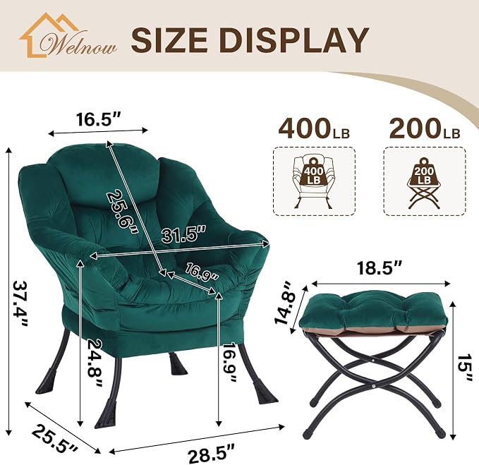 Welnow Lazy Chair with Ottoman, Modern Accent Chair with Armrests and a Side - Image 3
