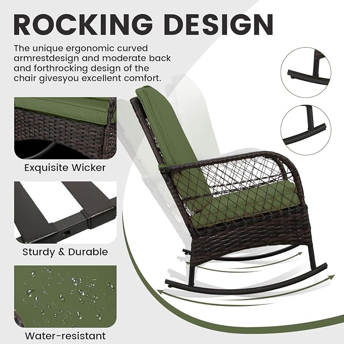 LEVELEVE 3 pcs Rocking Bistro Set Conversation Chairs PE Wicker Outdoor Rocking - Image 3