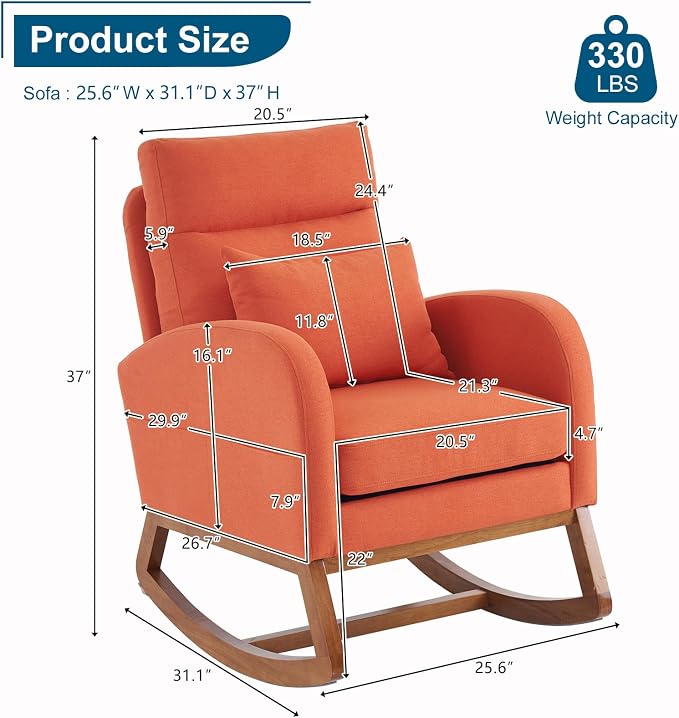 VINGLI Orange Linen Rocking Chair Nursery - Image 2