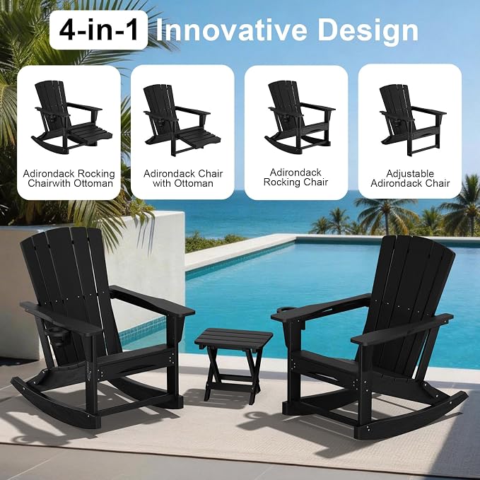 Adirondack Rocking Chair with Retractable Ottoman Set of 2, Outdoor Folding - Image 5