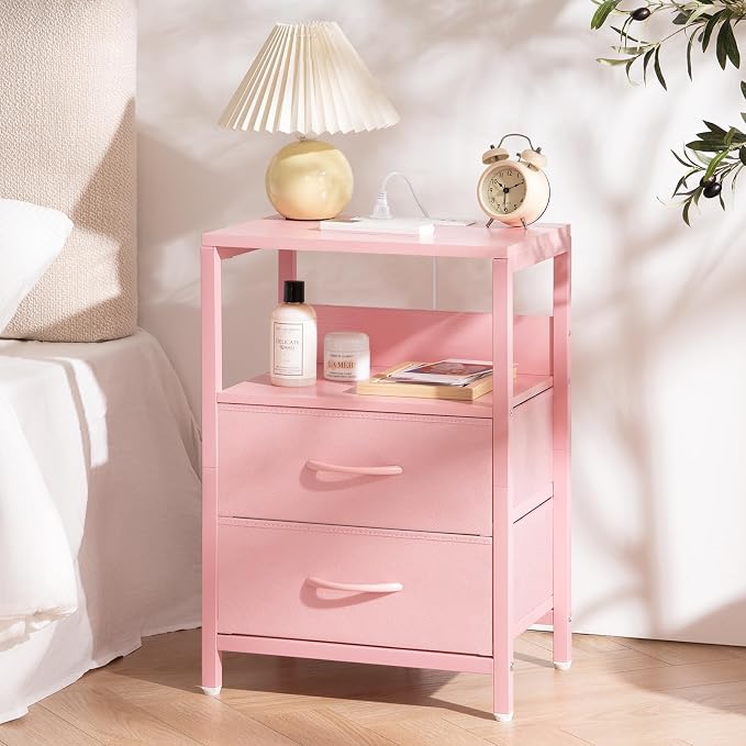 Yoobure Nightstand with Charging Station, LED Night Stand with Fabric Drawers - Image 2