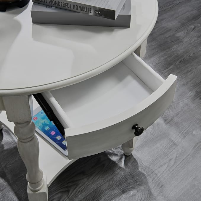 Solid Wood Oval End Table with Drawer and Storage Shelf, Antique White - Image 7
