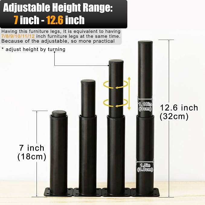 Metal Adjustable Furniture Legs 7-12.6 inch, Wlrrcwdttc Bed Support Legs - Image 2