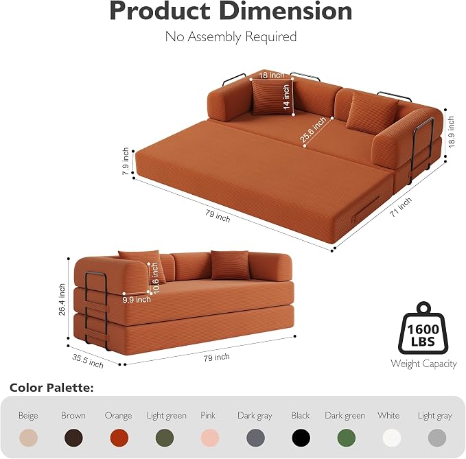 79in Convertible Sofa Bed, Corduroy Boneless Couch Bed, Futon Sleeper Sofa Pull - Image 2