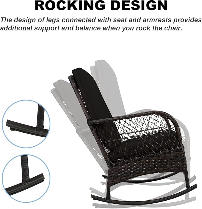 LEVELEVE 3 pcs Rocking Bistro Set Conversation Chairs PE Wicker Outdoor Rocking - Image 6