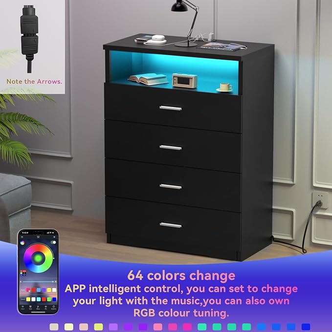 FJTJBSI Dresser with Power Outlets and LED Lights Wooden 4 Drawer Dresser with - Image 4