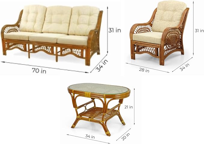 Malibu Lounge Set of 4: 2 Natural Rattan Wicker Chairs, Three-Seater Sofa - Image 3