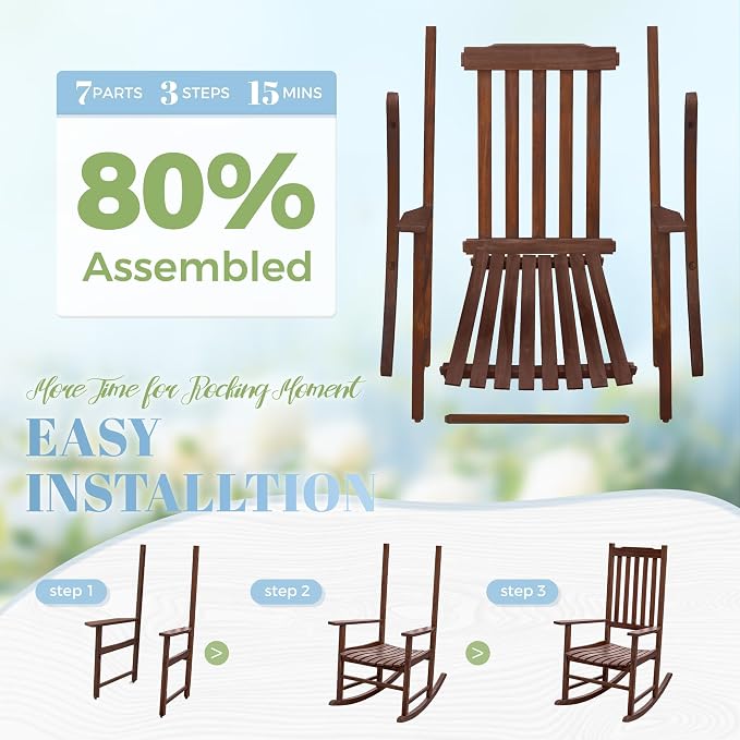 Flamaker Acacia Wood Patio Rocking Chair Set of 2, High Back and Widen Armrest - Image 4