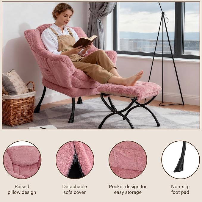 Welnow Lazy Chair with Ottoman, Modern Accent Chair with Armrests and a Side - Image 4
