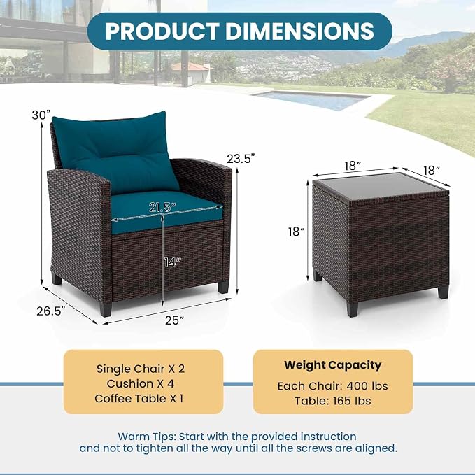 HAPPYGRILL 3 Pieces Patio Conversation Set, Outdoor Furniture Set PE Rattan - Image 9