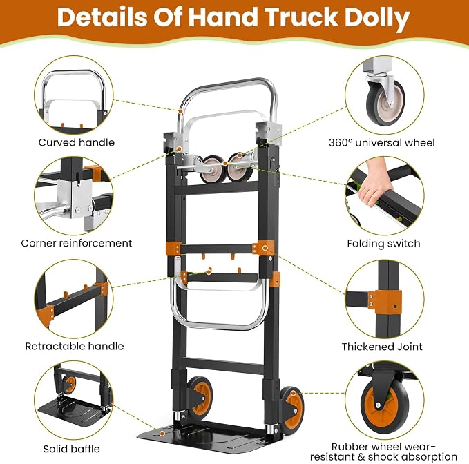 3-in-1 Folding Hand Trucks, 600Lbs Convertible Hand Truck Dolly, Heavy Duty - Image 3