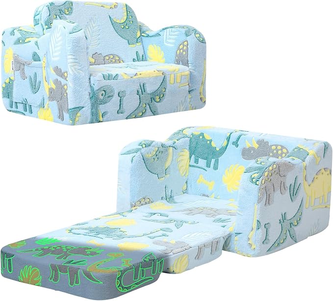 MeMoreCool Glowing Dinosaur Kids Chair, 2-in-1 Convertible Kids Couch Fold Out by MeMoreCool