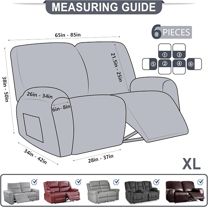 ANARACHON Leather Look Loveseat Recliner Cover, 6-Pieces Stretch Dual Recliner - Image 3