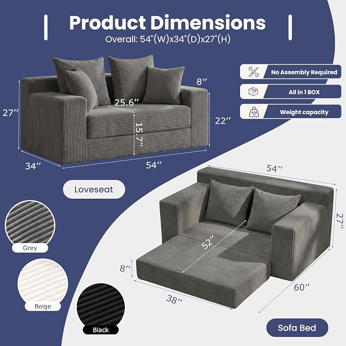 3-in-1 Convertible Sofa Bed, Boneless Loveseat Sleeper & Folding Couch Bed - Image 2