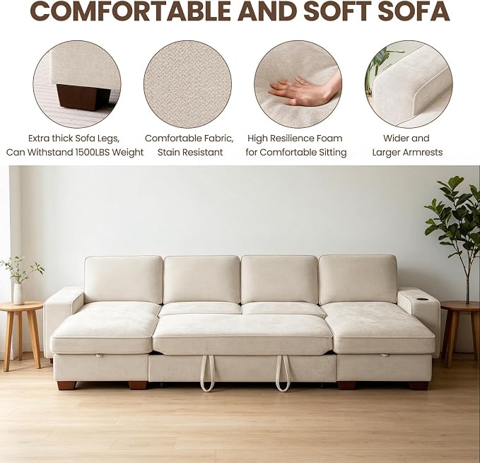 129" Convertible Sleeper Sofa Bed, L Shaped - Image 6