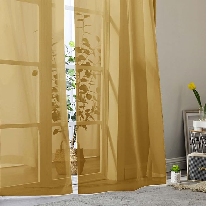 Sheer Gold Curtains for Bedroom Living Room 90 Inches Long 2 Panels Set - Image 9