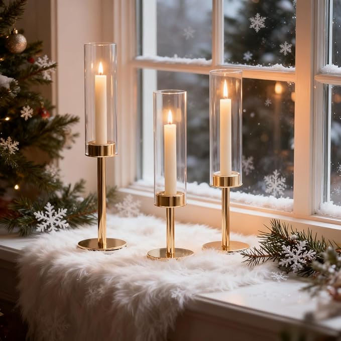 Gold Hurricane Candle Holders Set of 3, Tall Metal & Windproof Glass Taper - Image 2