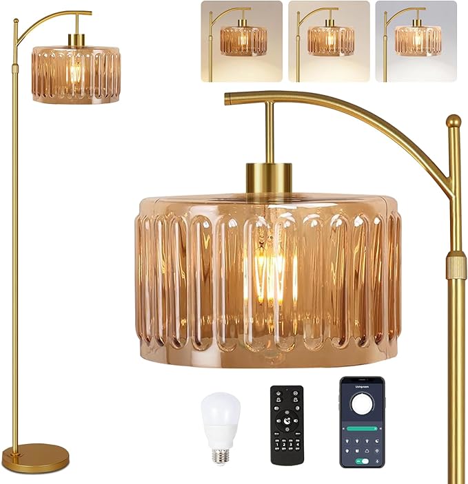 ILLMTW Glass Floor Lamp for Living Room, Dimmable Brass Tall Lamp Amber Flower by IlluminateTheWorld