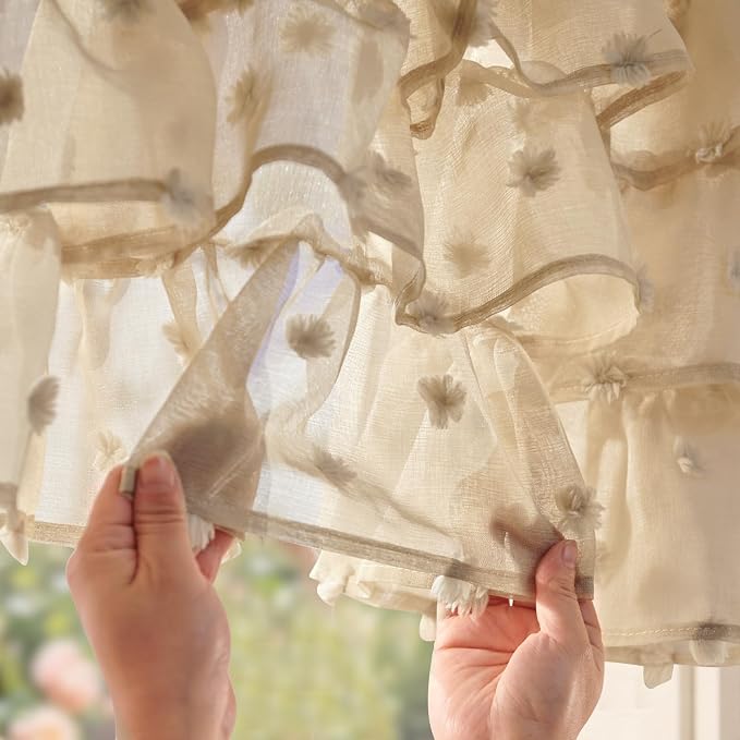 jinchan Ruffled Kitchen Valance Pom-Pom Voile Valance Curtains Sheer Shabby - Image 6
