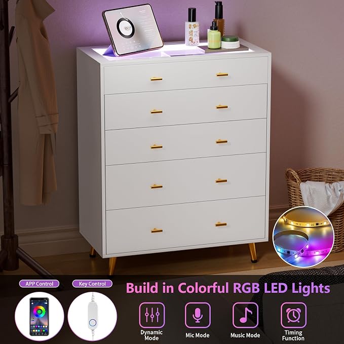 5 Drawer Dresser for Bedroom, 30.7" W x 38" H Tall Tempered Glass Top Dresser - Image 5