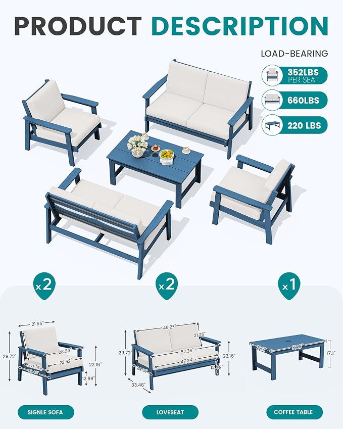 SERWALL HDPE Patio Furniture Set, 5 Piece All Weather Wood-Like Sectional - Image 8